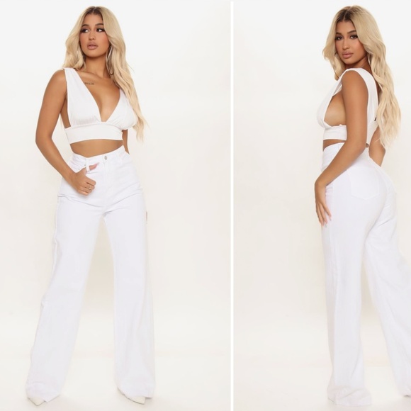 90s Style White Wide Leg Jeans High Waist Raw Hem - Picture 9 of 15